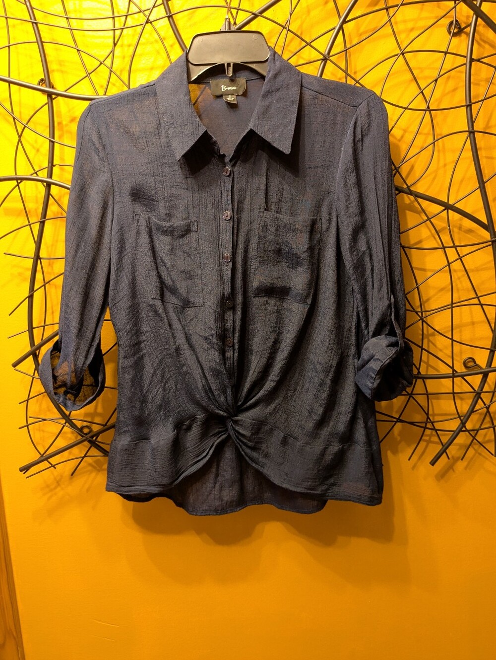 B-Wear Women’s Navy Blue Twist-Front Button-Down Blouse -Roll-Tab Sleeves